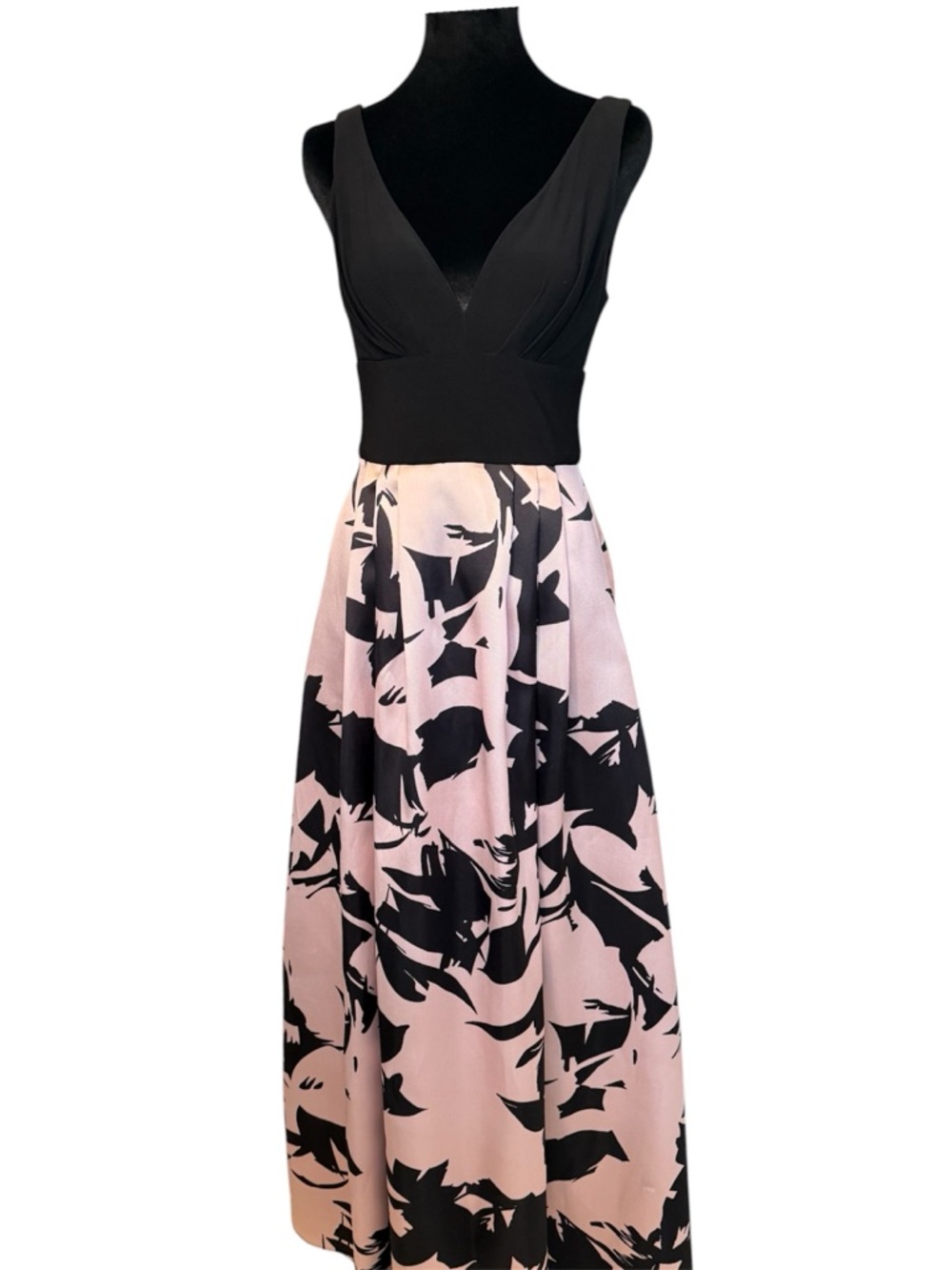 Betsy & Adam Black Bodice Pink Maxi Dress with Black Floral Print. Prom season!
